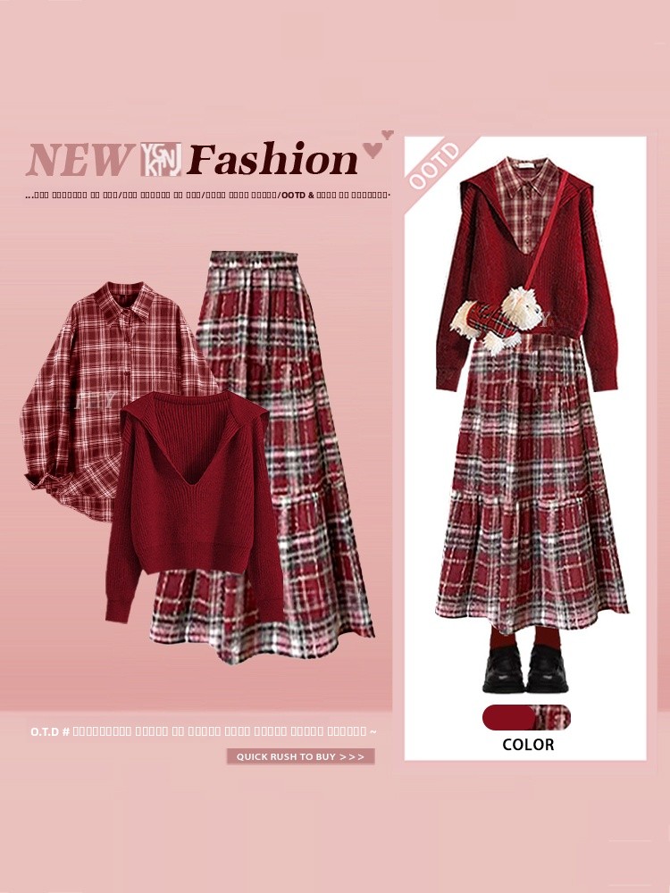 Street Fashion Brand - Zimowy czerwony sweter dziergany, koszula, spódnica