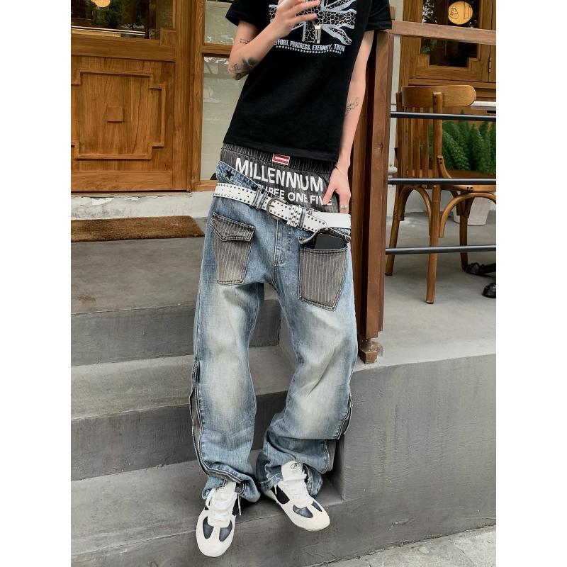 Street Fashion England - Męskie jeansy w patchworkowy wzór, spodnie